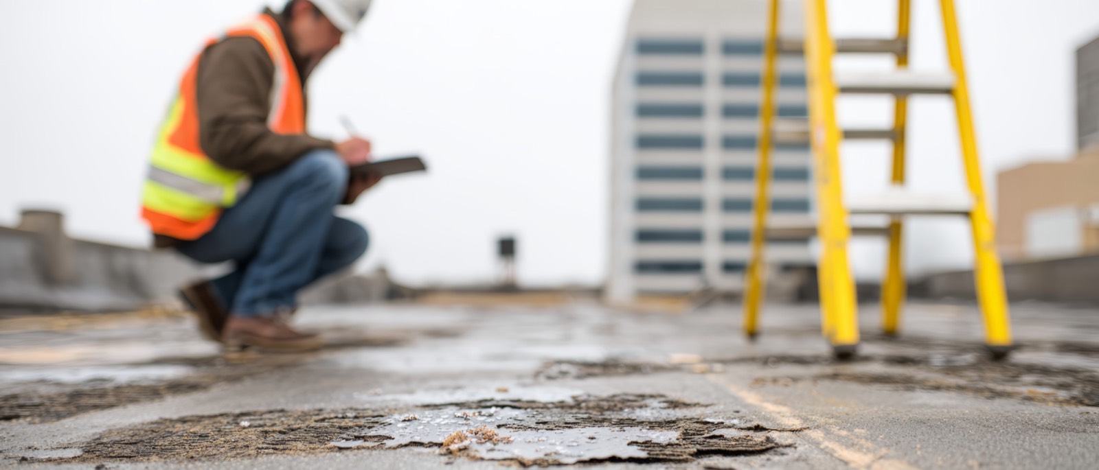 inspector recording findings on a flat commercial roof