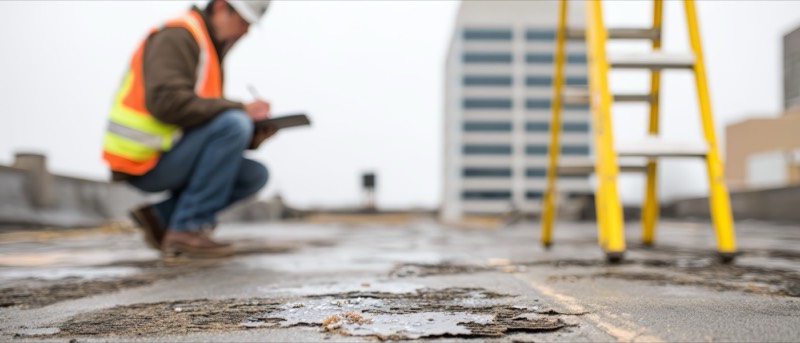 inspector recording findings on a flat commercial roof